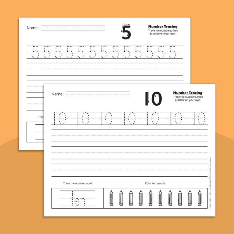 Number tracing worksheets for 5 and 10
