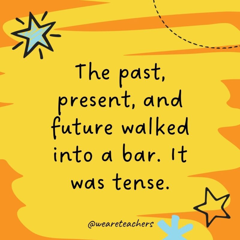 Grammar Jokes and Puns a joke surrounded with orange and yellow colors with blue stars: The past, present, and future walked into a bar. It was tense
