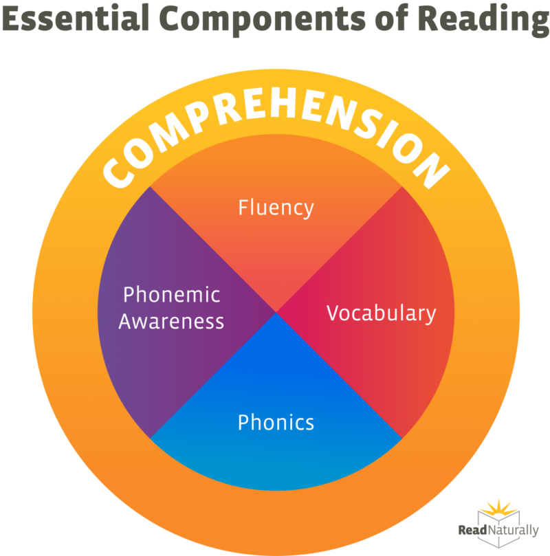 Four elements of reading instructions surrounded by the word comprehension, which is the overarching purpose of reading