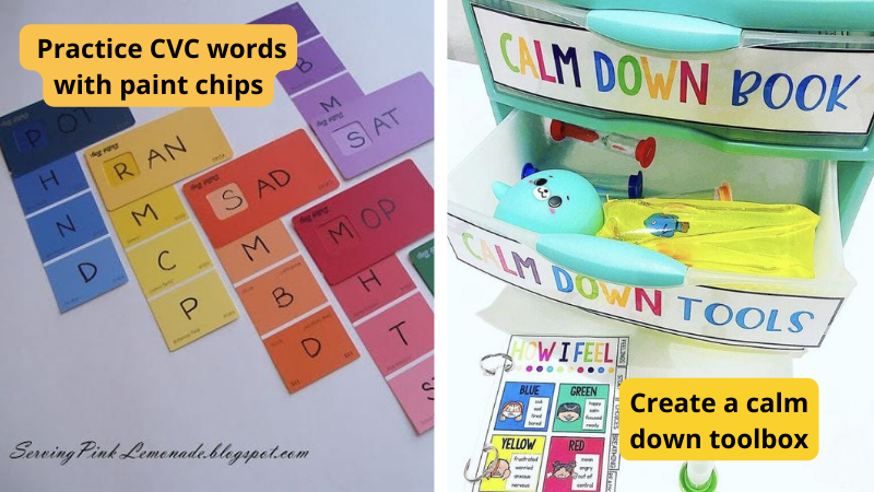 Teaching 1st grade tips: "Practice CVC words with paint chips" and "Create a calm down toolbox"