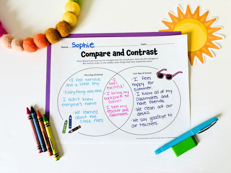 End of Year Activities an image of a printable worksheet with a beginning of the school year vs. end of the school year feelings