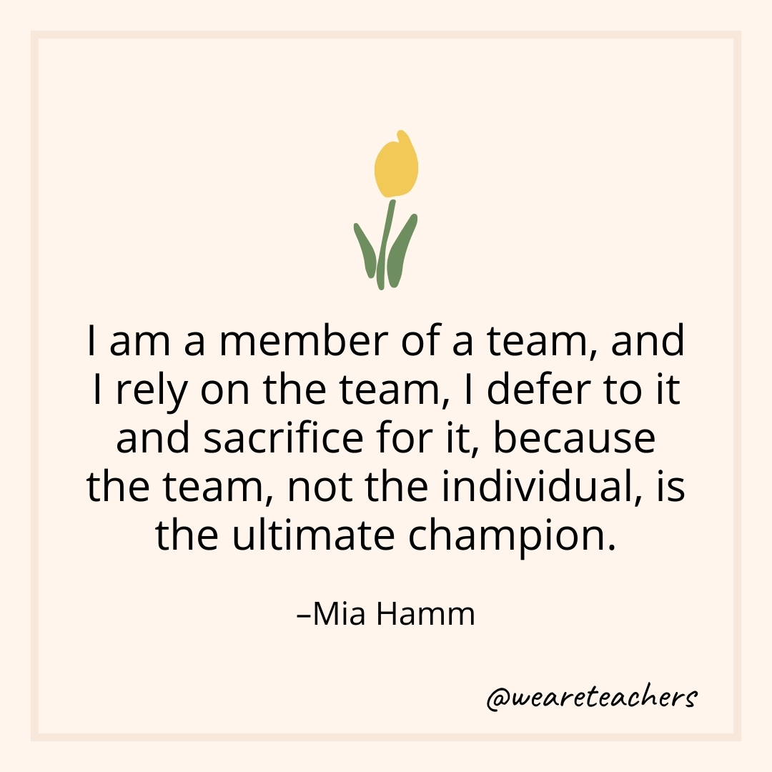 I am a member of a team, and I rely on the team, I defer to it and sacrifice for it, because the team, not the individual, is the ultimate champion. – Mia Hamm