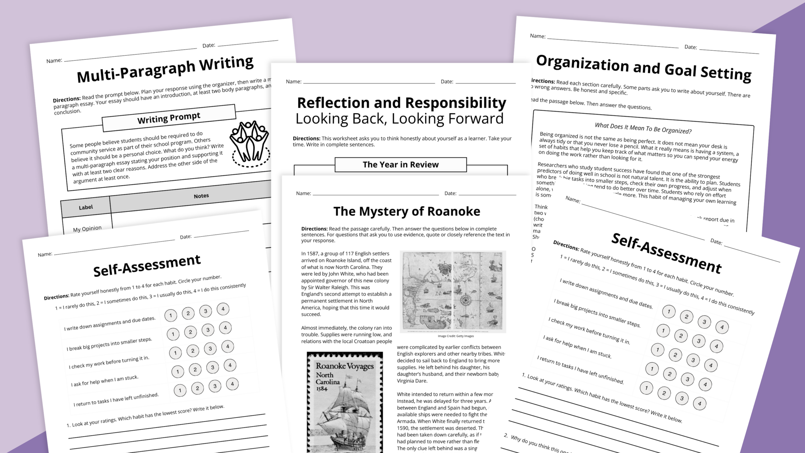 Feature Image showing pages from the Moving Up Worksheet & Activity Bundle: Fifth Grade.