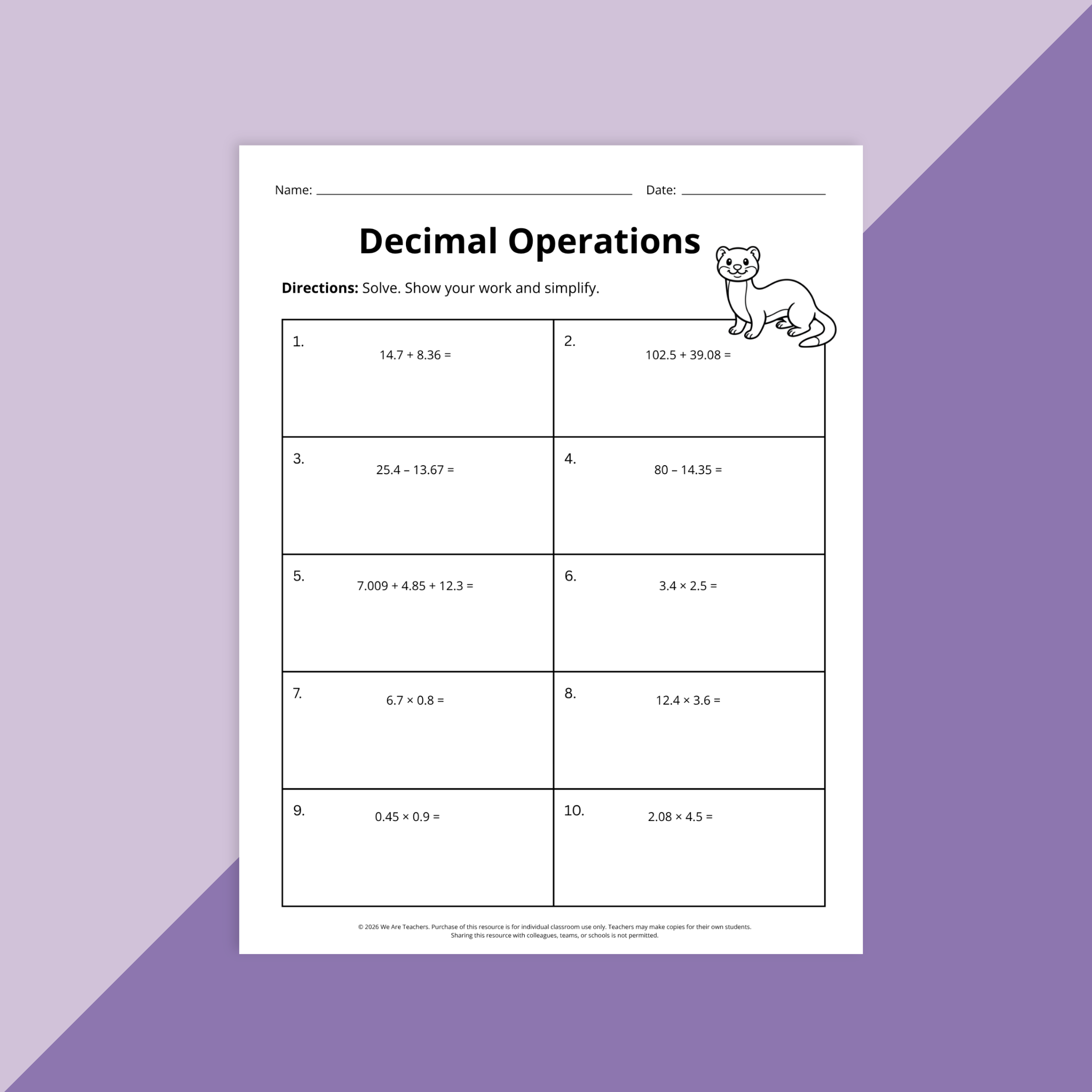 Image of a decimal practice worksheet.