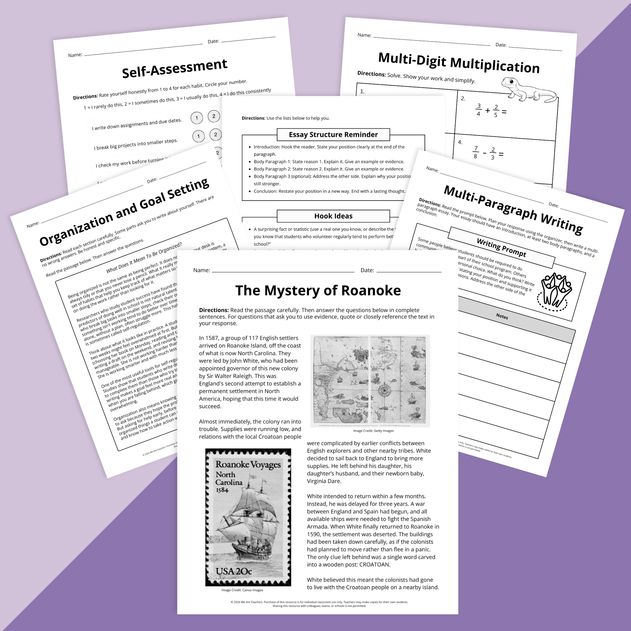 Image of a selection of worksheets from the Moving Up Worksheet & Activity Bundle: Fifth Grade.