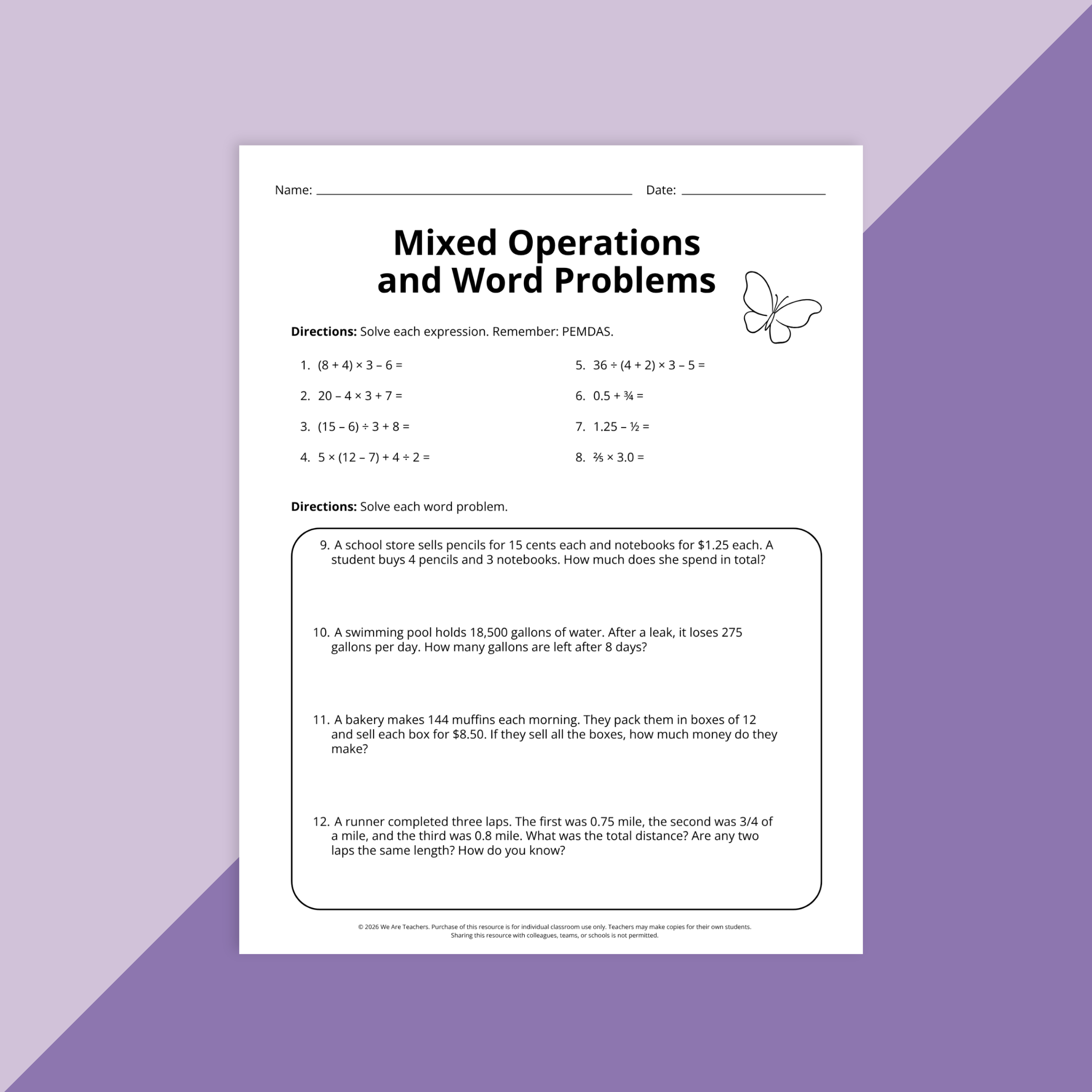 Image of a worksheet of mixed operations word problems.