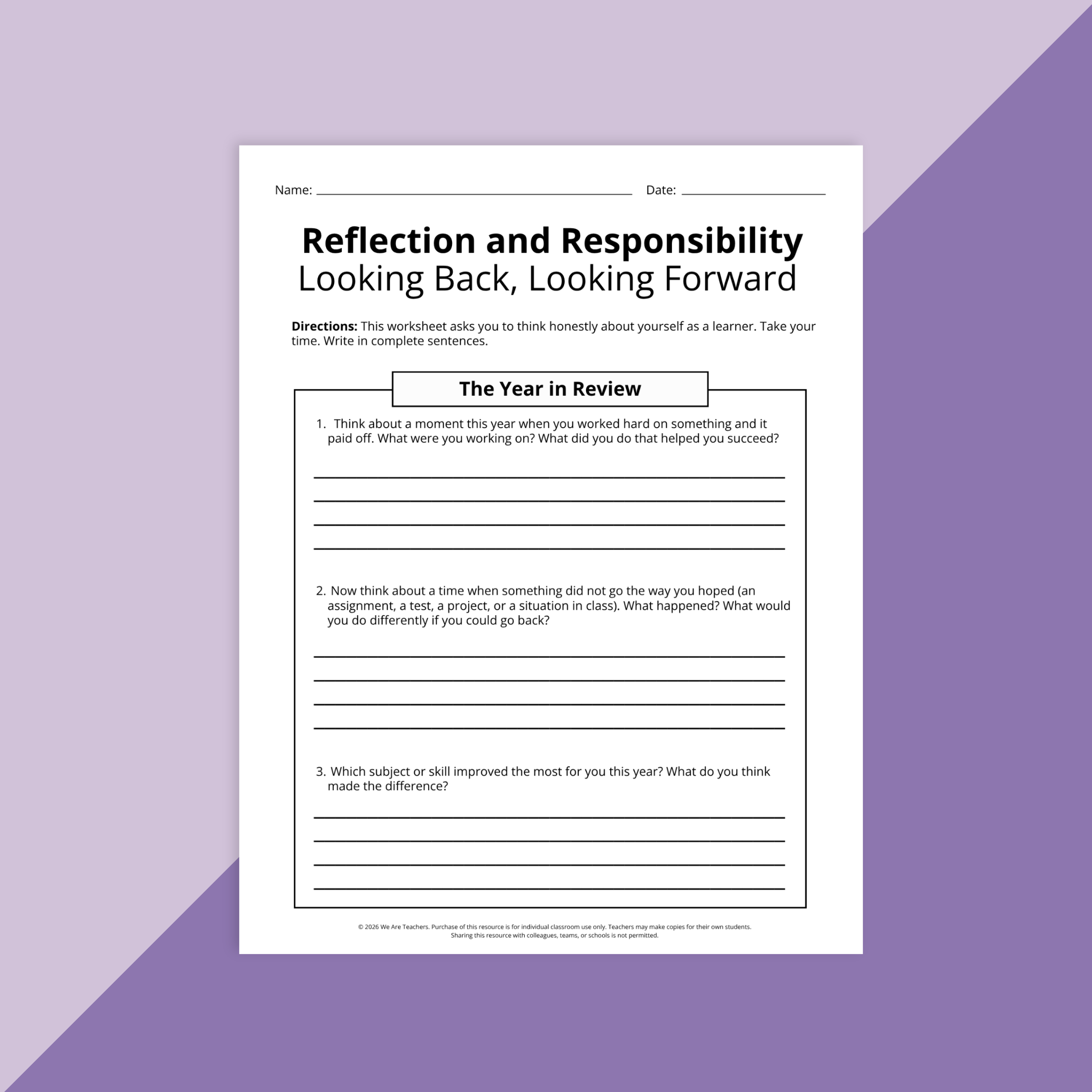 Image of a worksheet about responsibility and reflection.