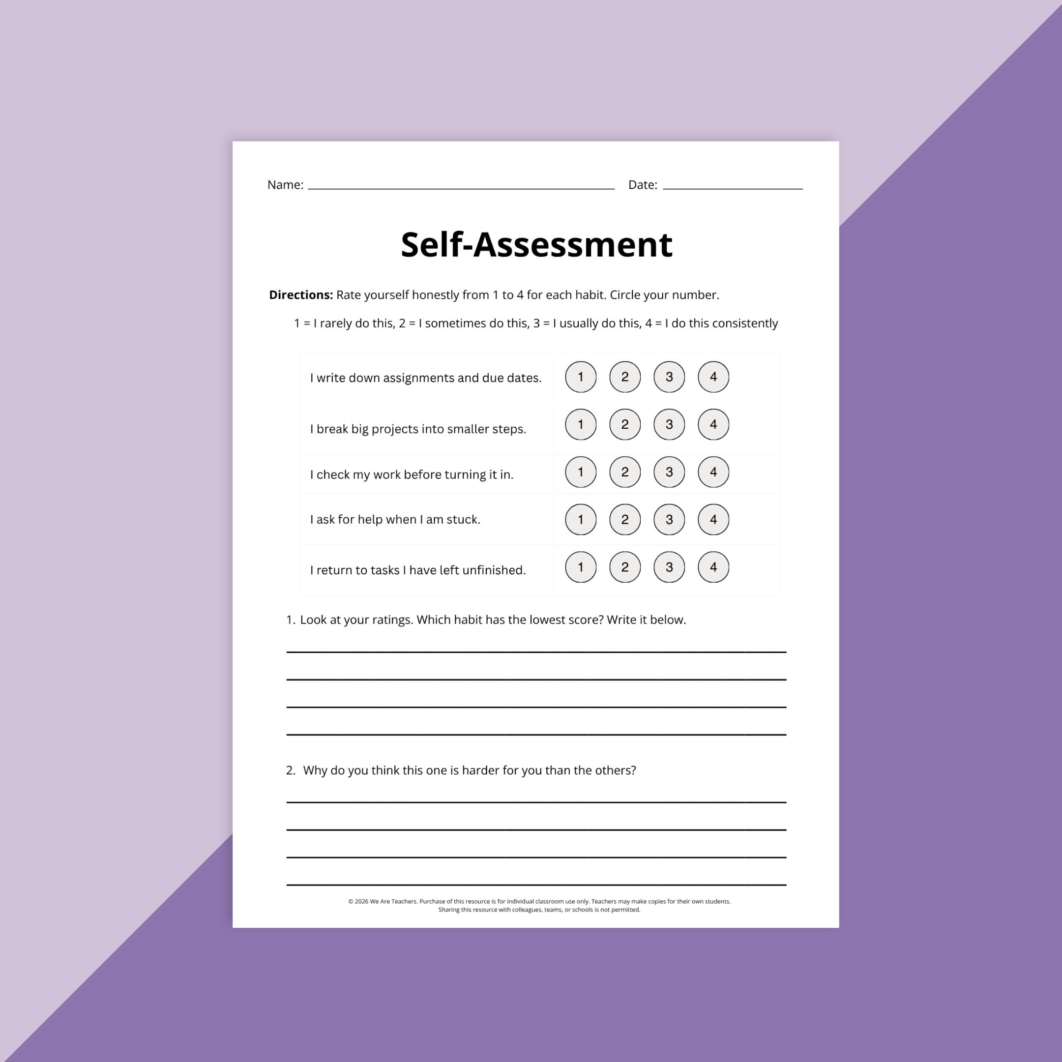 Image of a self-assessment worksheet.