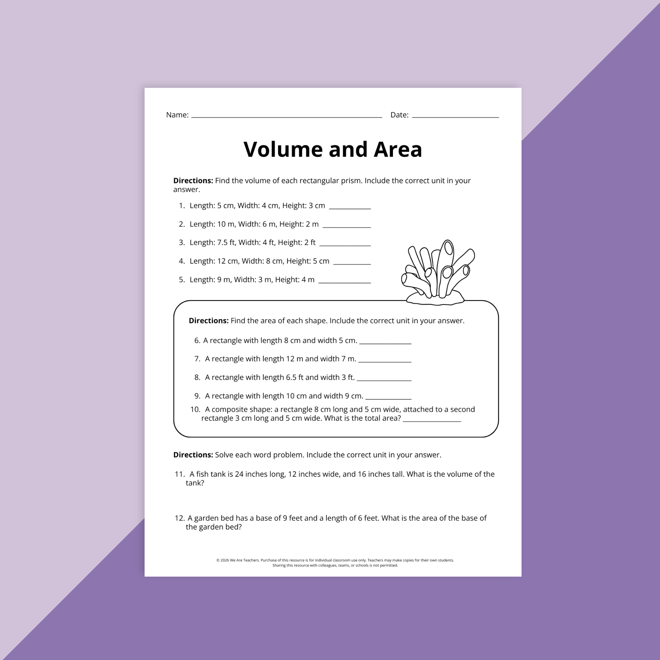 Image of a worksheet to help build fifth grade skills of volume and area.