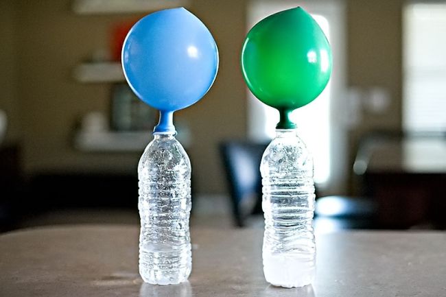 Two plastic water bottles with inflated balloons attached to the tops (Easy Science Experiments)