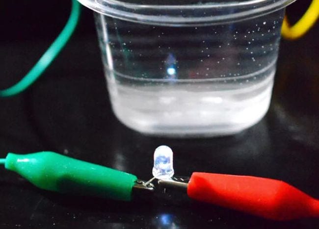 Two alligator clips holding a lit LED with a cup of water in the background