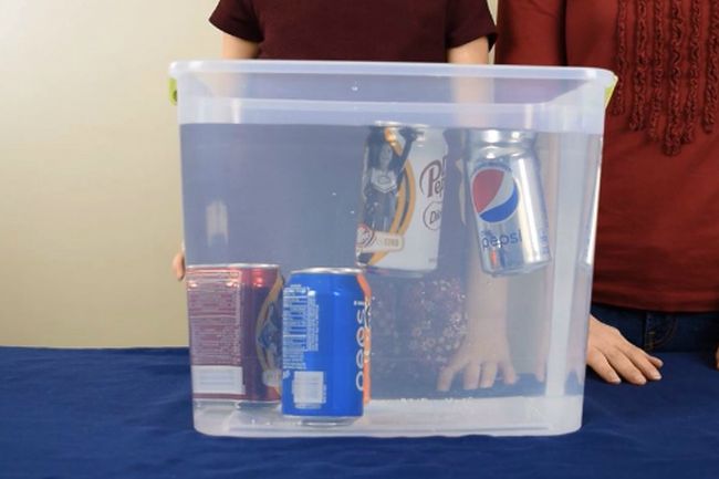 Large plastic bin filled with water, with two soda cans floating and two sunk at the bottom