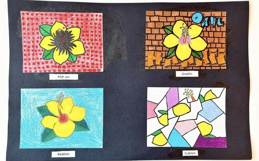 A simple yellow flower shown in four different art styles