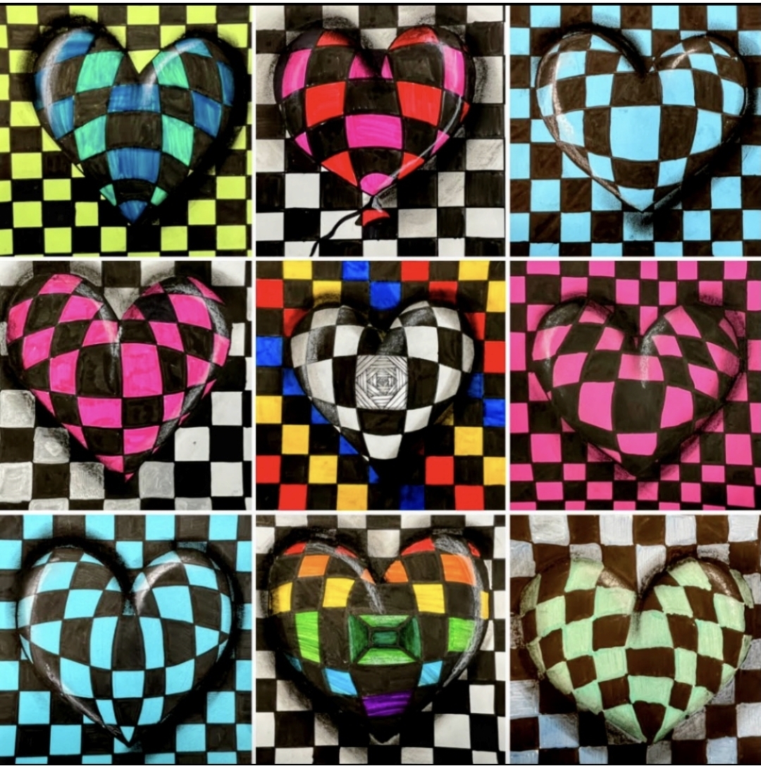 Colorful hearts in a checked optical illusion pattern