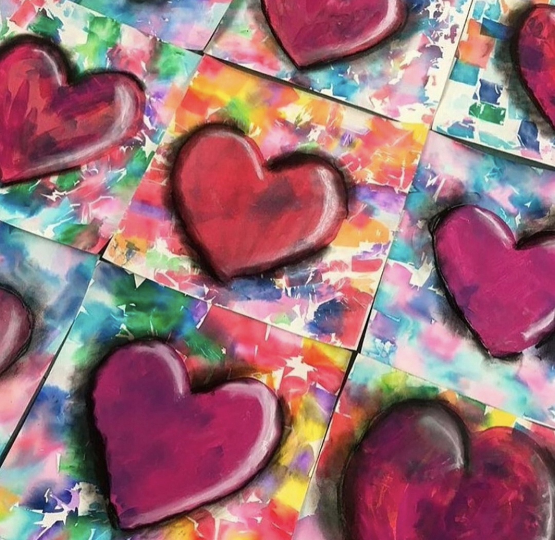 Oil pastel hearts with colorful backgrounds, made by 5th grade art students