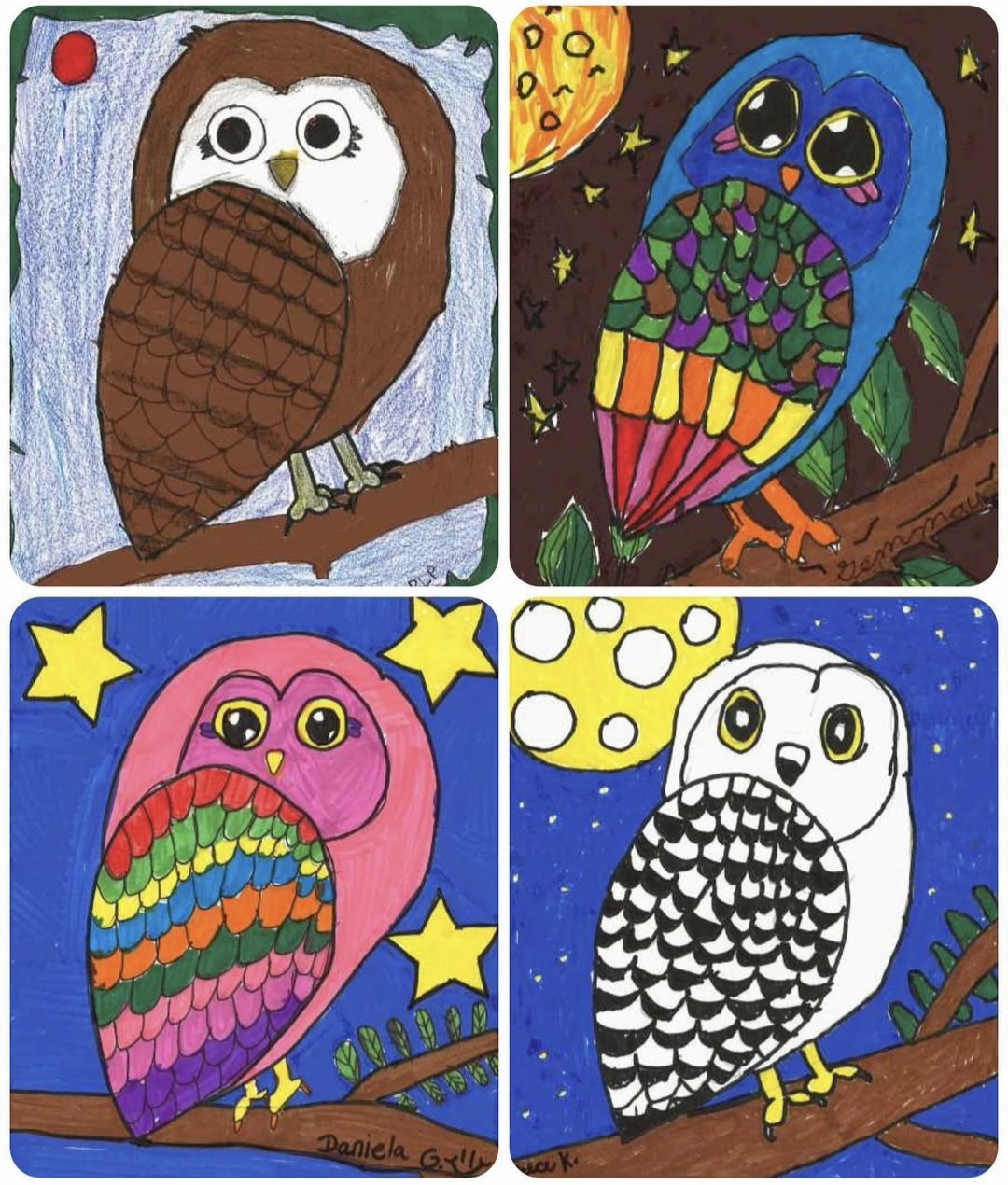 Owls painted with a variety of different patterns and designs