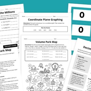Images from different worksheets in the 5th Grade End-of-Year Math Review Worksheet & Activity Bundle.