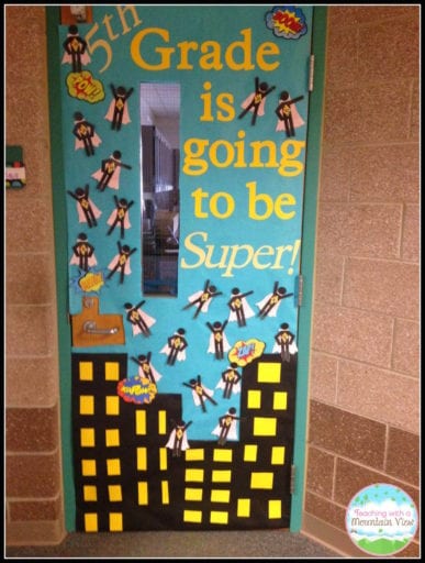 Door with cityscape design and words 5th grade is going to be super!