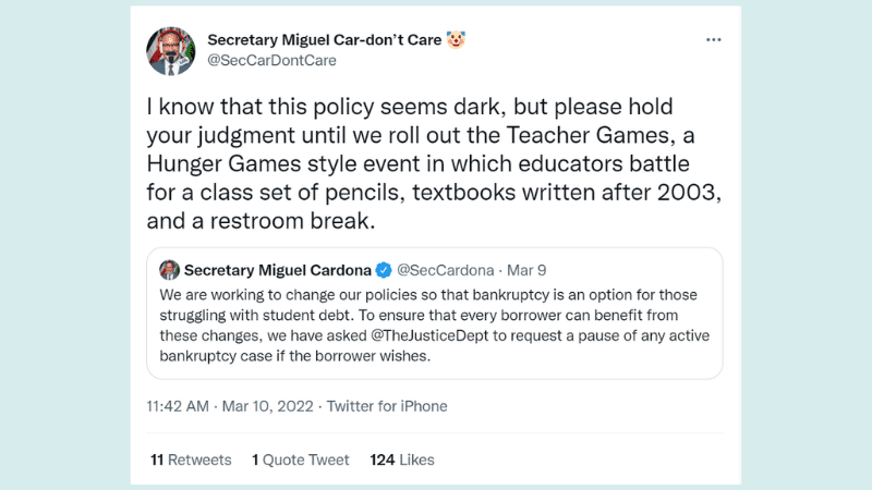 Tweet about the teacher games from parody secretary of education account
