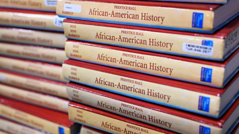 Stack of AP African-American history books recently banned by Florida governor Ron DeSantis