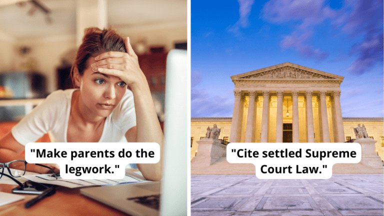 Paired image of frustrated parent and Supreme Court to represent 6 strategies to shut down book banning complaints