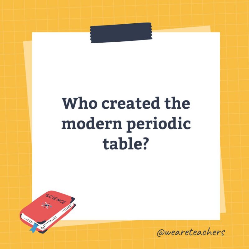 an image of a science trivia question for kids that states: Who created the modern periodic table?