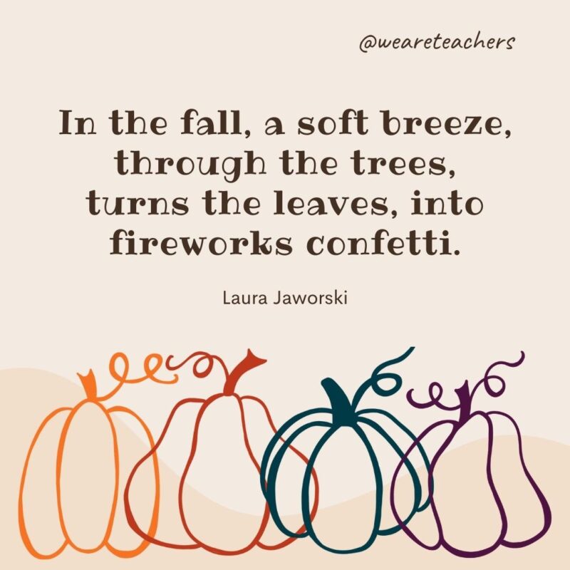 In the fall, a soft breeze, through the trees, turns the leaves, into fireworks confetti. —Laura Jaworski- fall quotes