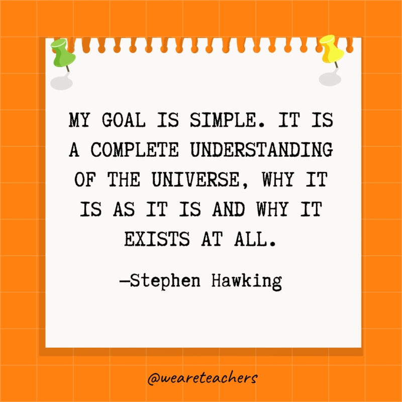 My goal is simple. It is a complete understanding of the universe, why it is as it is and why it exists at all.