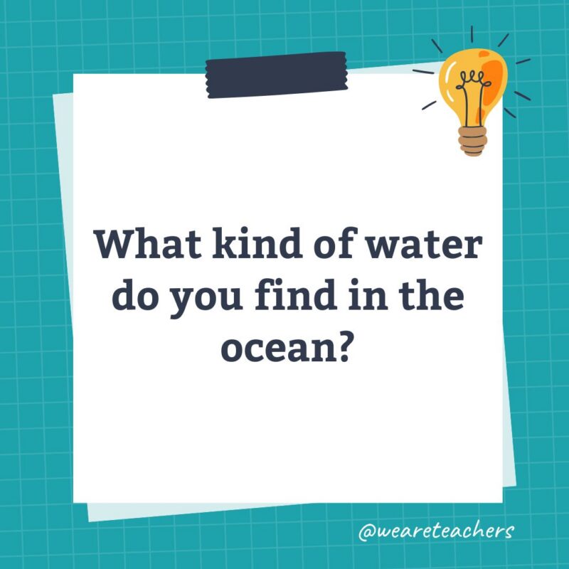 an image of a science trivia question for kids that states: What kind of water do you find in the ocean?