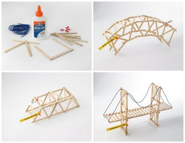 Collage of bridges made from wood craft sticks, glue, and yarn