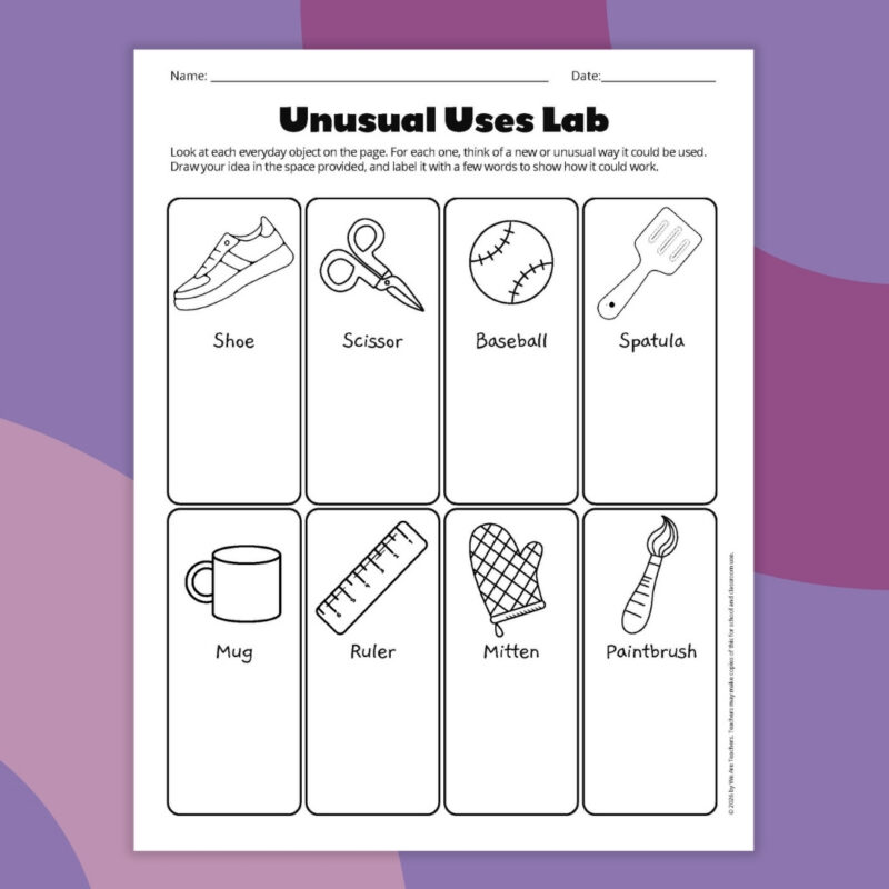 Creativity Worksheets an example of a creative worksheet called unusual uses lab
