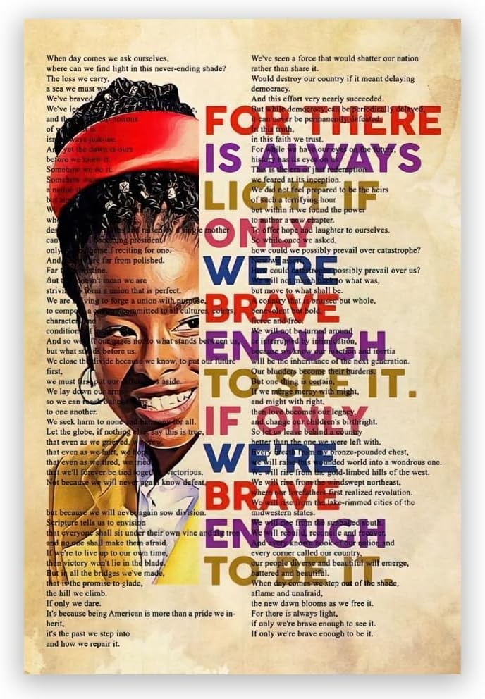 A framed poster sits on a desk with an image of Amanda Gorman in her Inauguration Day outfit and the words of her poem "The Hill We Climb."