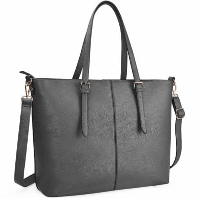 Black leather-look tote bag with adjustable handles and shoulder strap