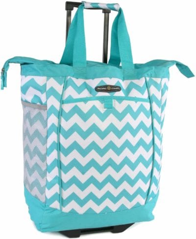 Aqua chevron striped shopping bag with wheels and extendable handle
