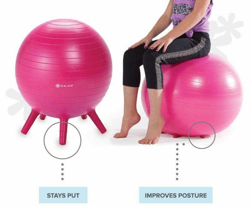 Stay-Put Balance Ball standing on legs and with legs collapsed when student sits on it