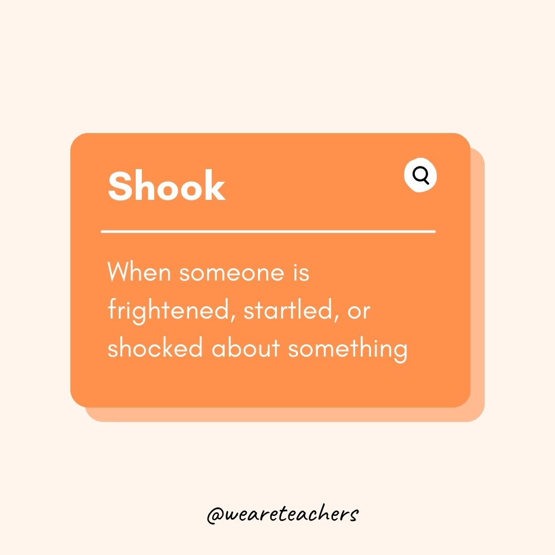 Shook

When someone is frightened, startled, or shocked about something