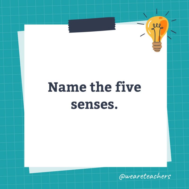 an image of a science trivia question for kids that states: Name the five senses.
