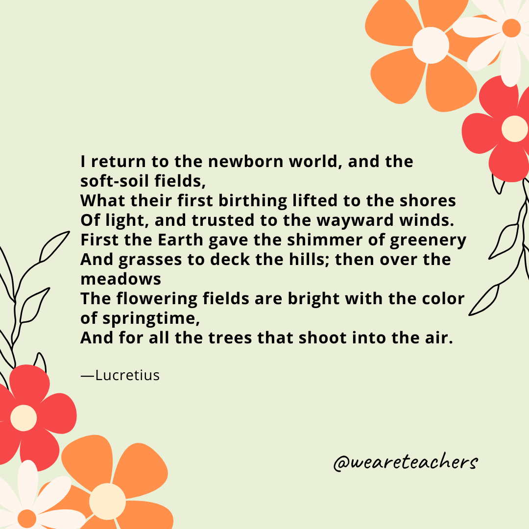 I return to the newborn world, and the soft-soil fields, 
What their first birthing lifted to the shores 
Of light, and trusted to the wayward winds. 
First the Earth gave the shimmer of greenery 
And grasses to deck the hills; then over the meadows 
The flowering fields are bright with the color of springtime, 
And for all the trees that shoot into the air. 
- Lucretius