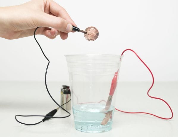 9 volt battery with electric wires running to a penny, with a cup of blue liquid