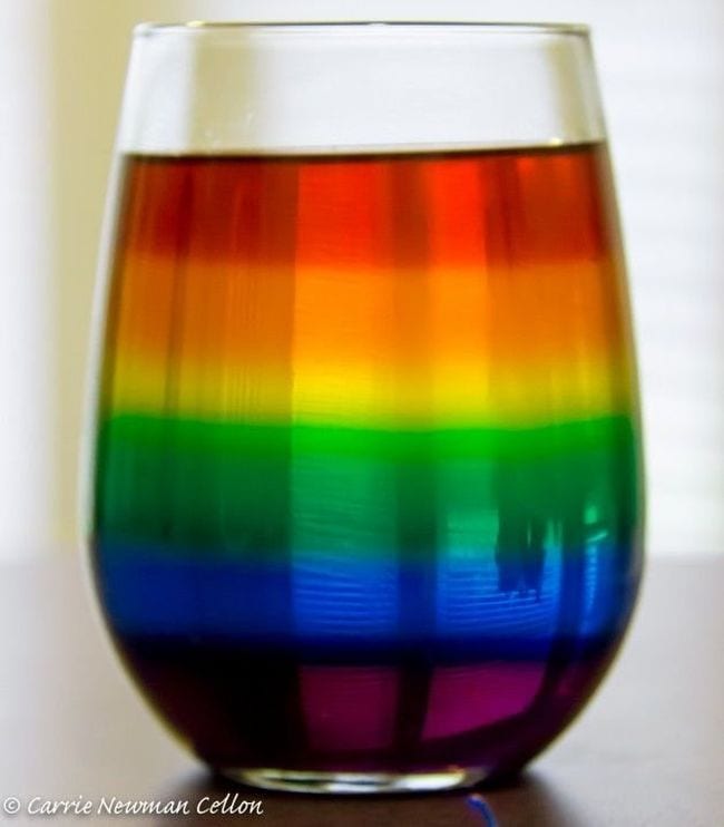 Stemless wine glass holding a rainbow of layered liquids (Seventh Grade Science)