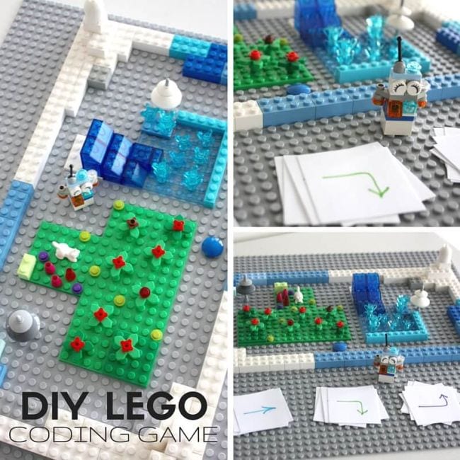 Collage of LEGOs arranged alongside coding symbol cards (Seventh Grade Science)