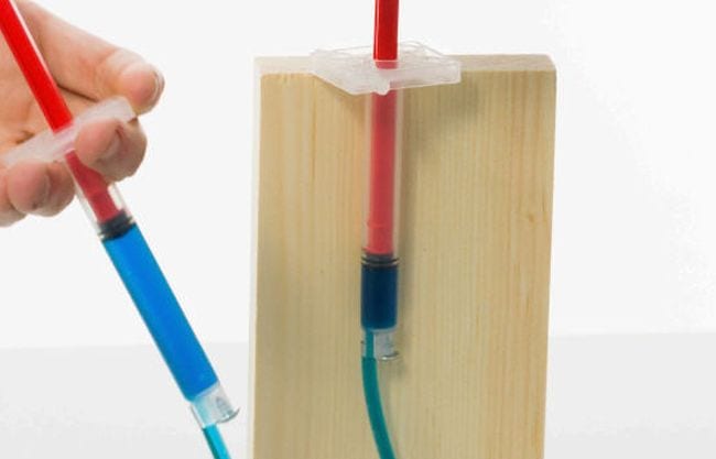 Student's hand holding a syringe connected to plastic tubing