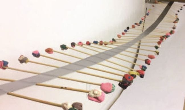 Series of sticks held together by duct tape, with clay on the ends of the sticks