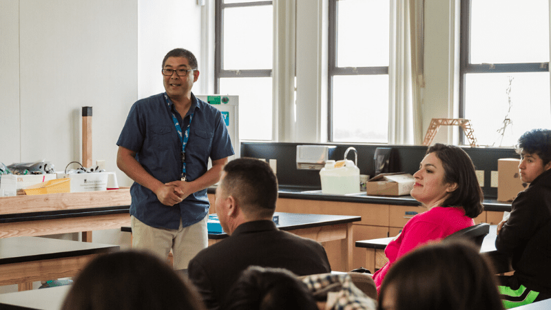 Michael Naka, science teacher at Garvey Intermediate Campus in Rosemead, addresses local officials and eighth-grade science students at the conclusion of an innovative air quality curriculum. Photo: Maria Hedrick