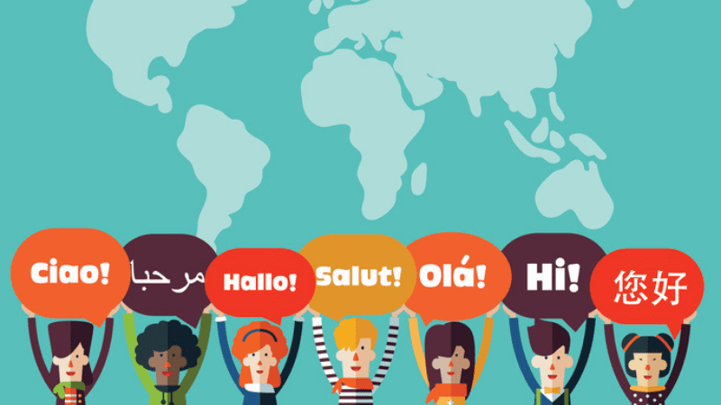 Map with children holding up speech bubbles that say hello in different languages.