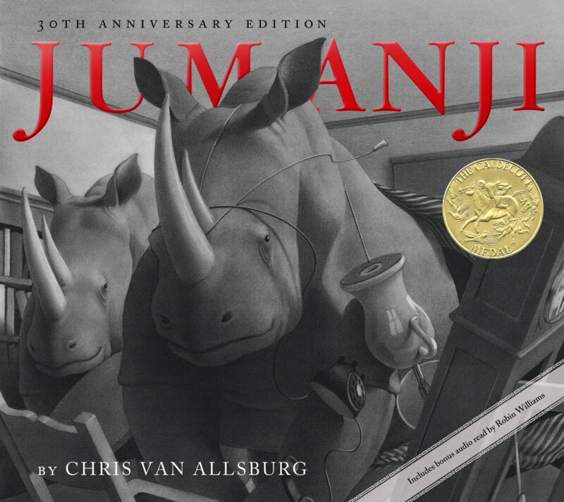 The book cover for 'Jumanji' by Chris Van Allsburg