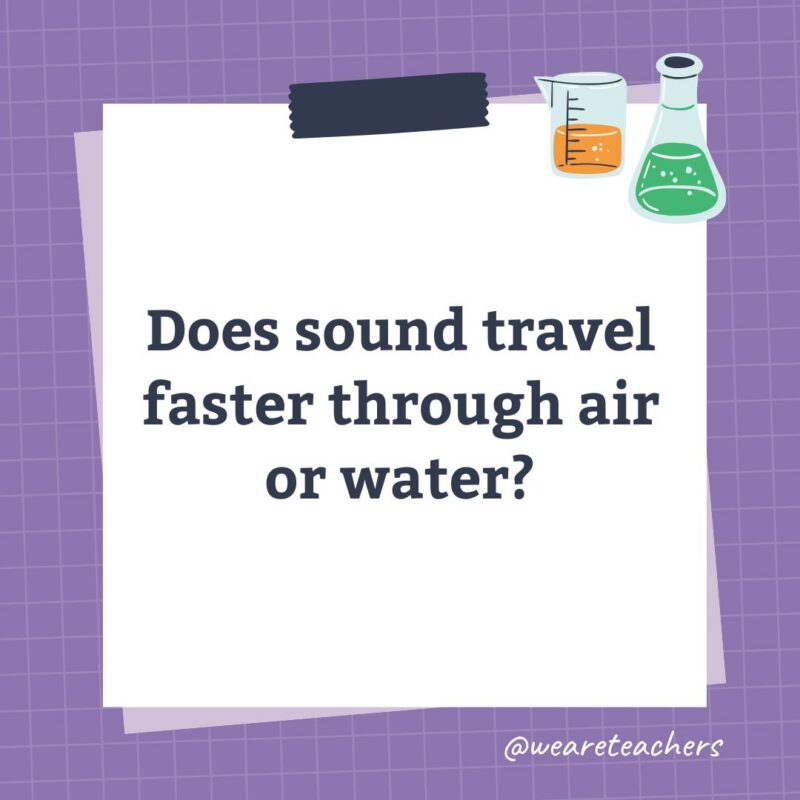 an image of a science trivia question for kids that states: Does sound travel faster through air or water?