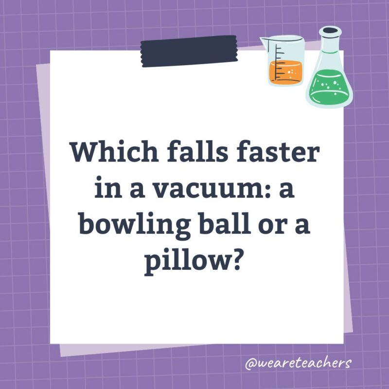 an image of a science trivia question for kids that states: Which falls faster in a vacuum: a bowling ball or a pillow?