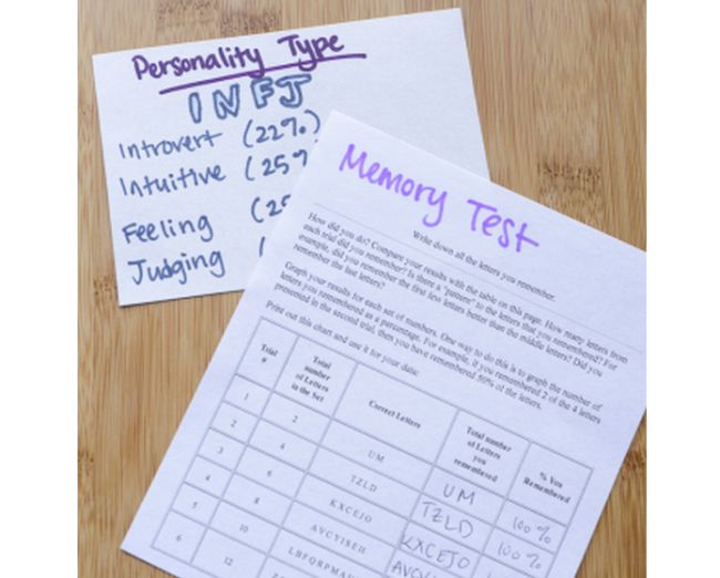 Notecard labeled Personality Type INFJ and worksheet labeled Memory Tests