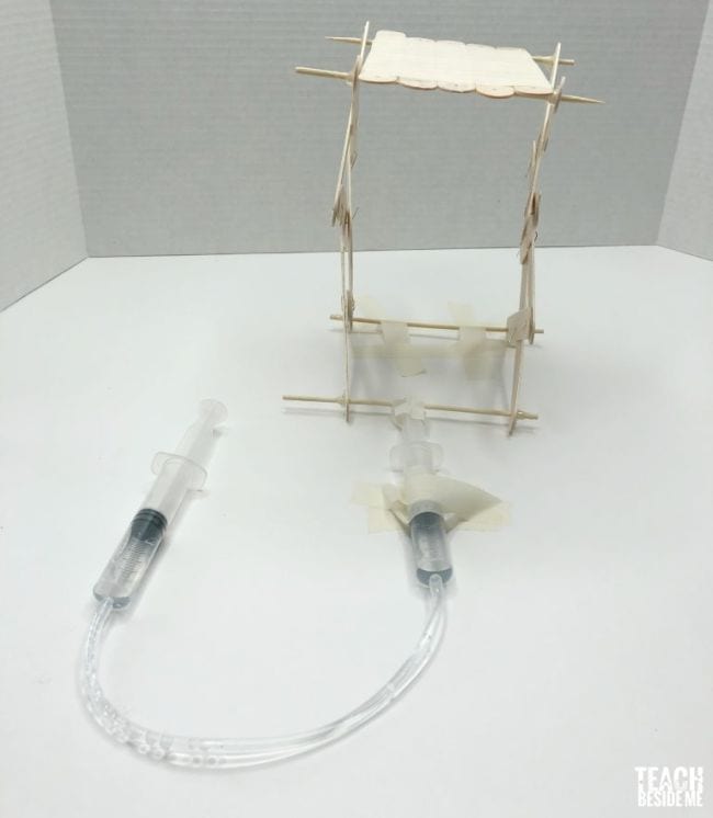 Simple hydraulic elevator made from wood craft sticks, rubber tubing, and plastic syringes